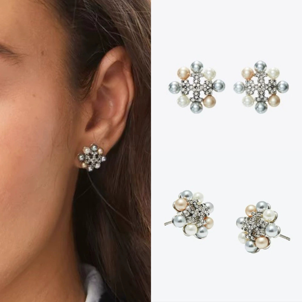 Tory Burch Gold Plated Faux Pearl Flower Earrings and Cross Stud Earrings